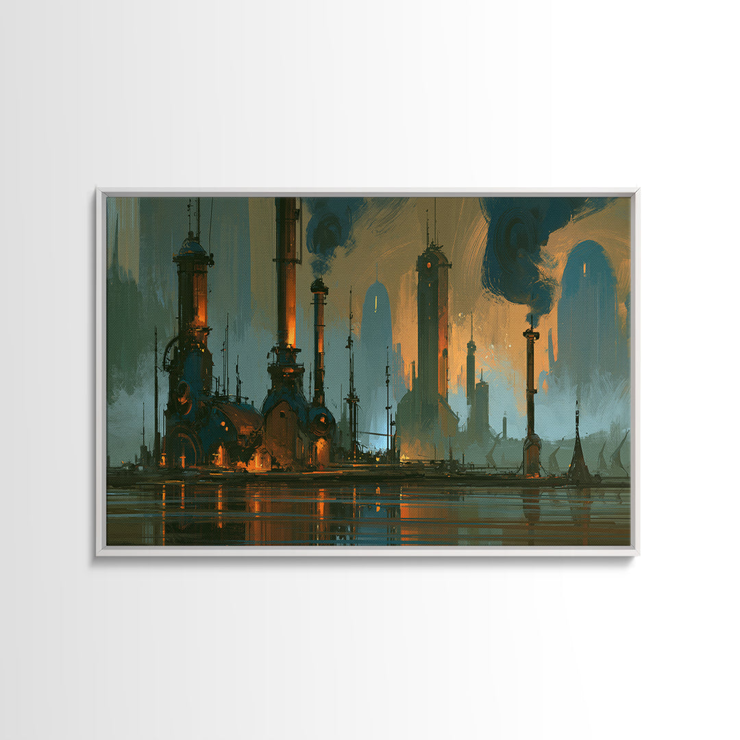 Steam Powered City Skyline Canvas Print, Steampunk Art, Wall Art Living Room, Living Room Decor, Abstract Art, Mechanic, STE-3x2-1