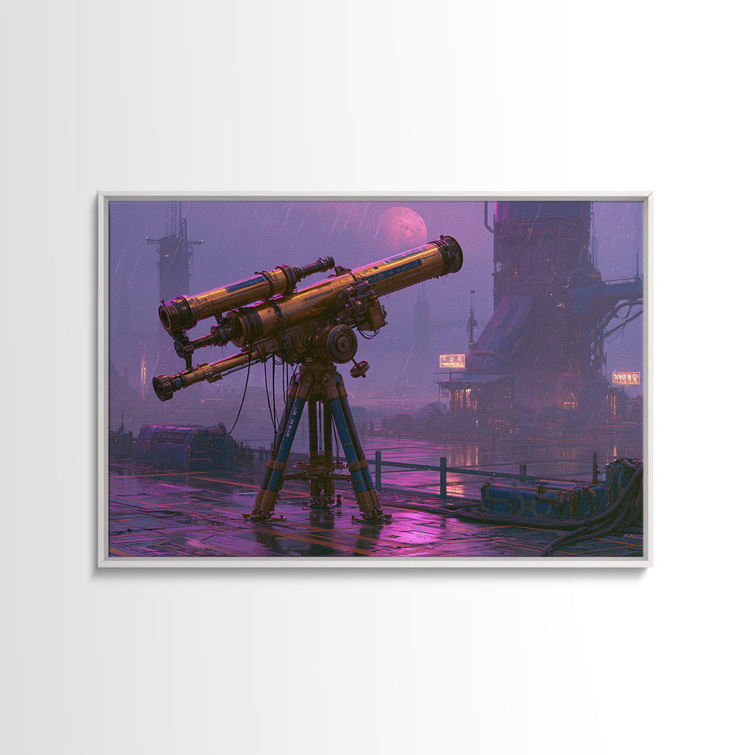 Brass Telescope Aimed at Copper Moon Framed Canvas Print, Steampunk Art, Wall Art, Living Room Decor, Oil Painting, Mechanic, STE-3x2-100
