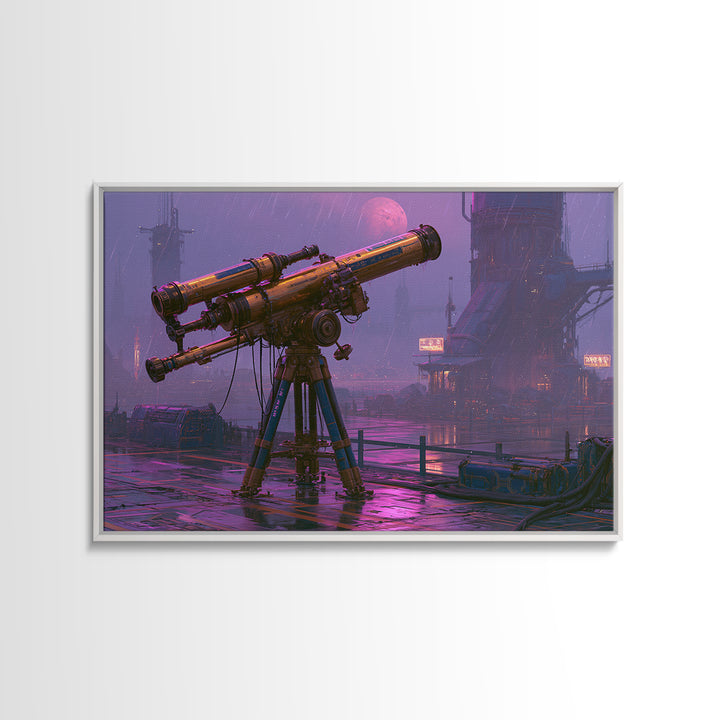 Brass Telescope Aimed at Copper Moon Framed Canvas Print, Steampunk Art, Wall Art, Living Room Decor, Oil Painting, Mechanic, STE-3x2-100