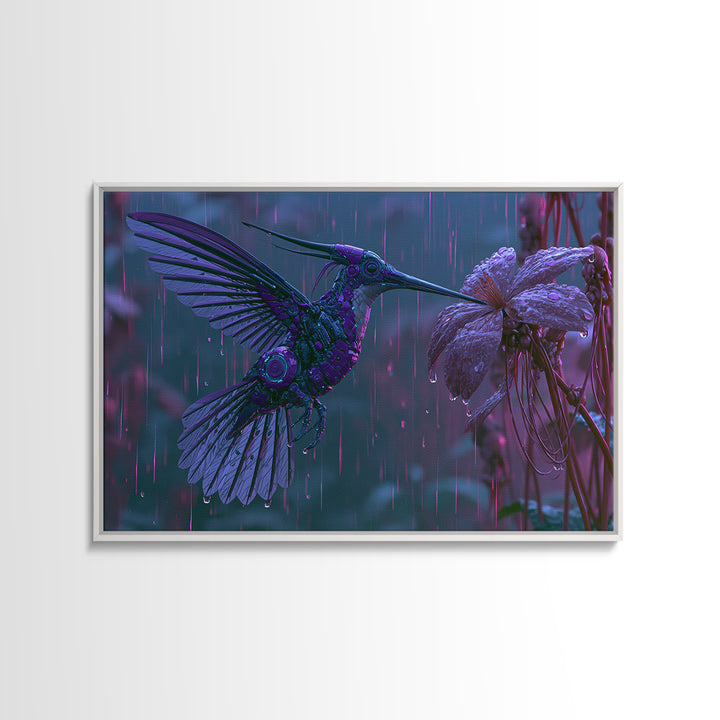 Mechanical Hummingbird Hovering Near Flower Canvas Print, Steampunk Art, Digital Download Art, Living Room Decor, Mechanic, STE-3x2-13