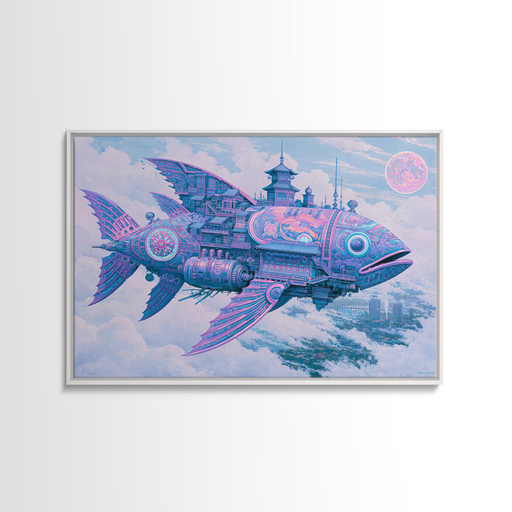Mechanical Fish Swimming Through Clouds Framed Canvas Print, Steampunk Art, Art Nouveau, Living Room Decor, Fine Art, Mechanic, STE-3x2-2