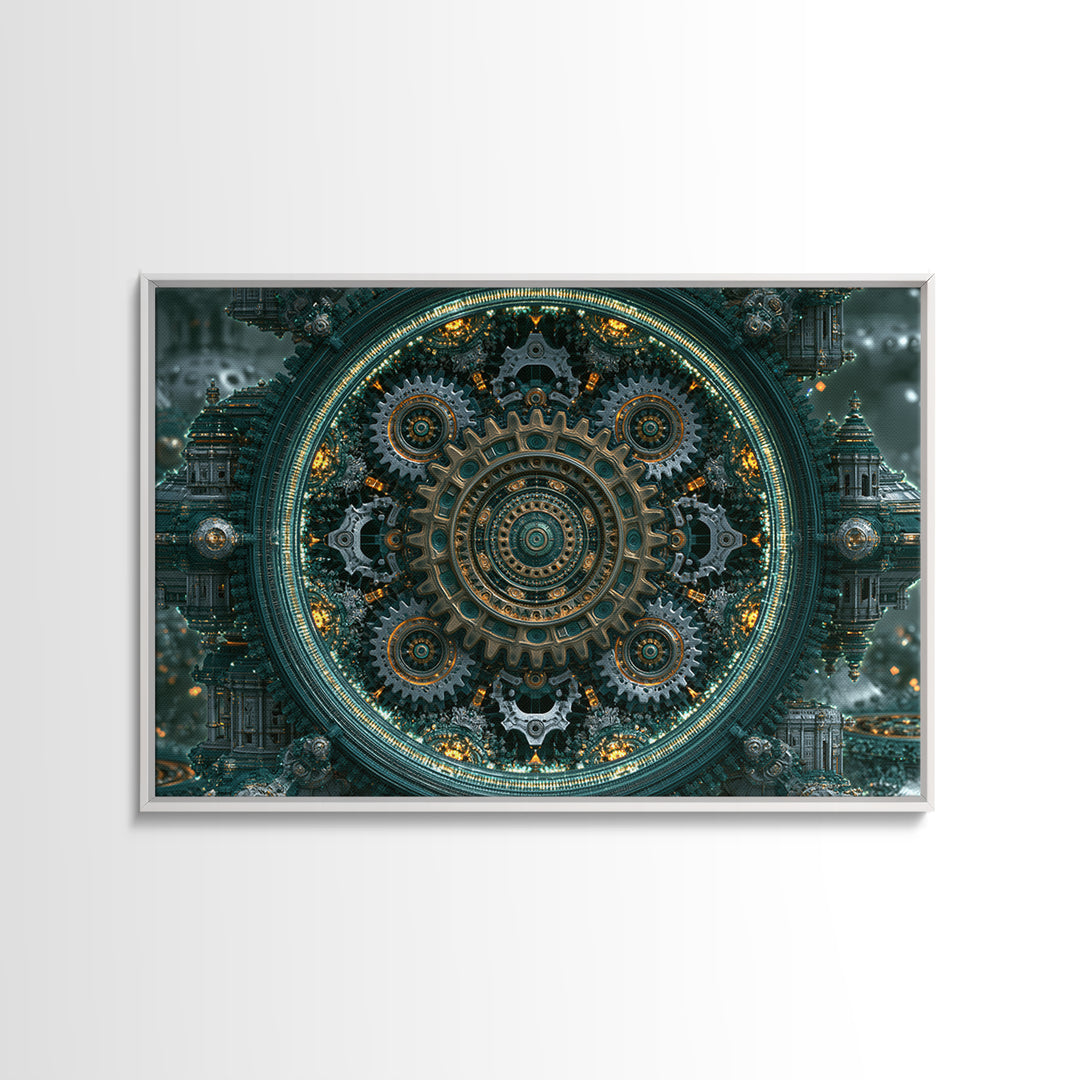 Cogwheel Mandala in Bronze and Teal Framed Canvas Print, Steampunk Art, Gothic Art, Living Room Decor, Fine Art, Mechanic, STE-3x2-20