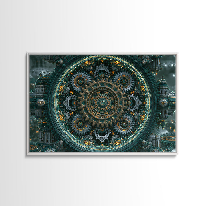 Cogwheel Mandala in Bronze and Teal Framed Canvas Print, Steampunk Art, Gothic Art, Living Room Decor, Fine Art, Mechanic, STE-3x2-20
