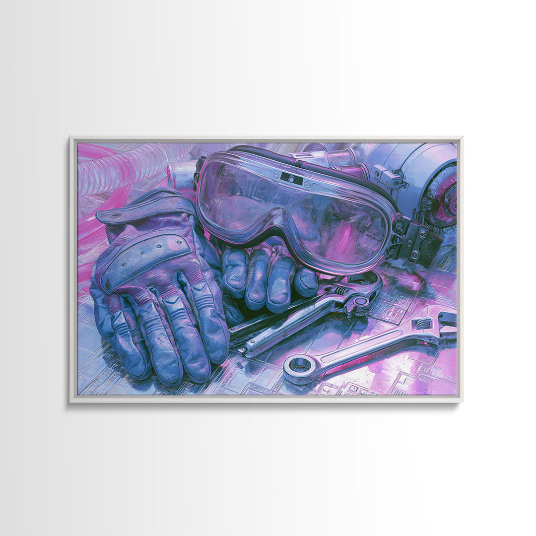 Goggles Gloves and Wrench Still Life Framed Canvas Print, Steampunk Art, Gallery Decor, Living Room Decor, Fine Art, Mechanic, STE-3x2-27
