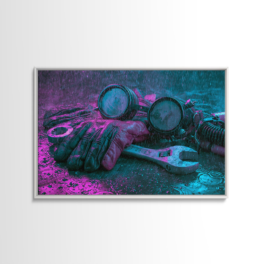 Goggles Gloves and Wrench Still Life Canvas Print, Steampunk Art, Retro Decor, Living Room Decor, Fine Art, Mechanic, STE-3x2-3