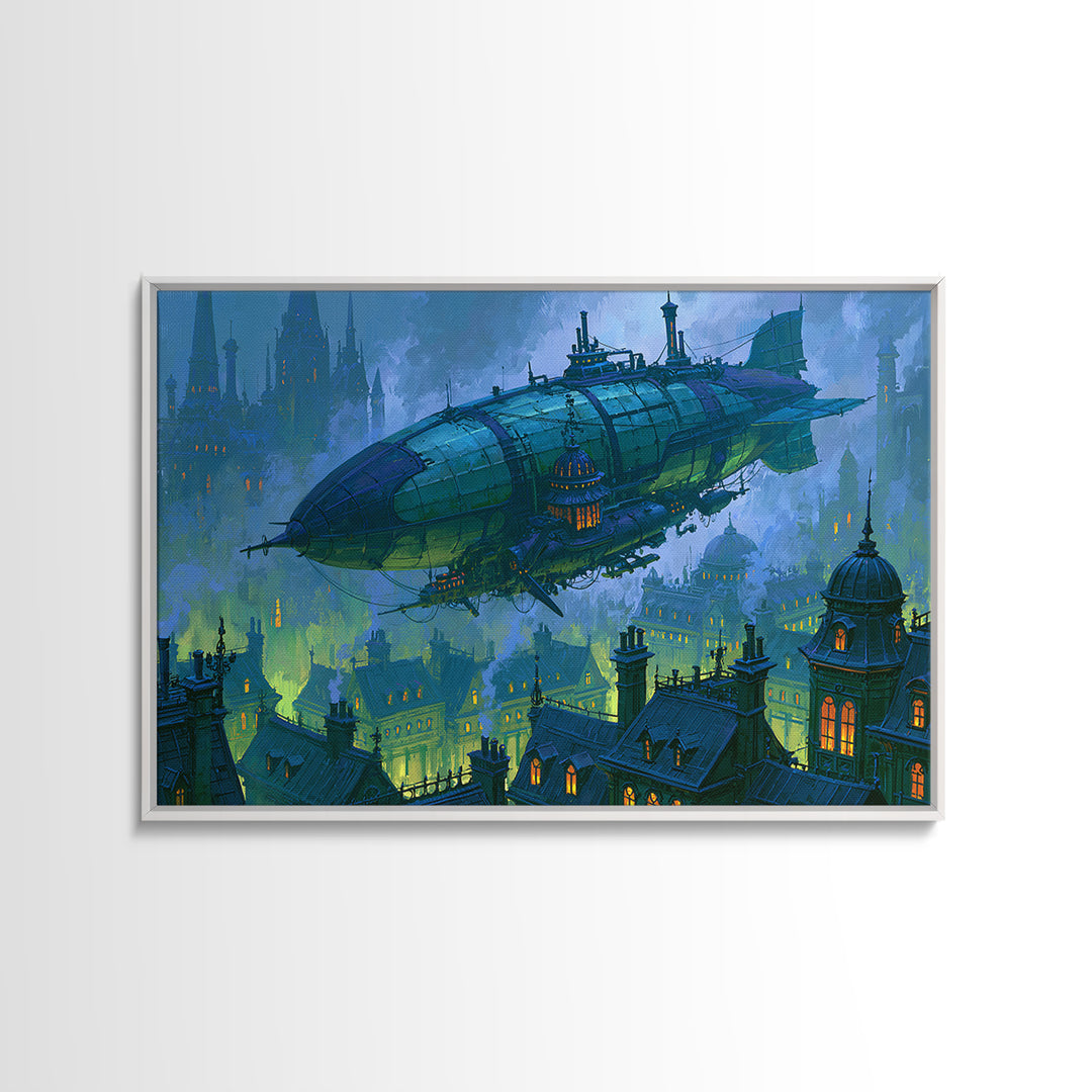 Airship Floating Above Victorian City Roofs Canvas Print, Steampunk Art, Modern Art, Living Room Decor, Fine Art, Mechanic, STE-3x2-30