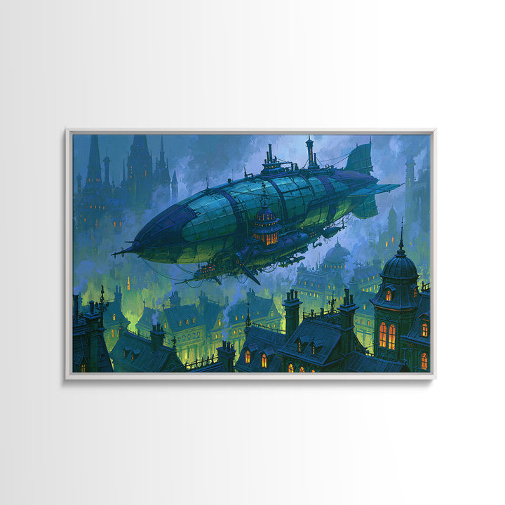 Airship Floating Above Victorian City Roofs Canvas Print, Steampunk Art, Modern Art, Living Room Decor, Fine Art, Mechanic, STE-3x2-30