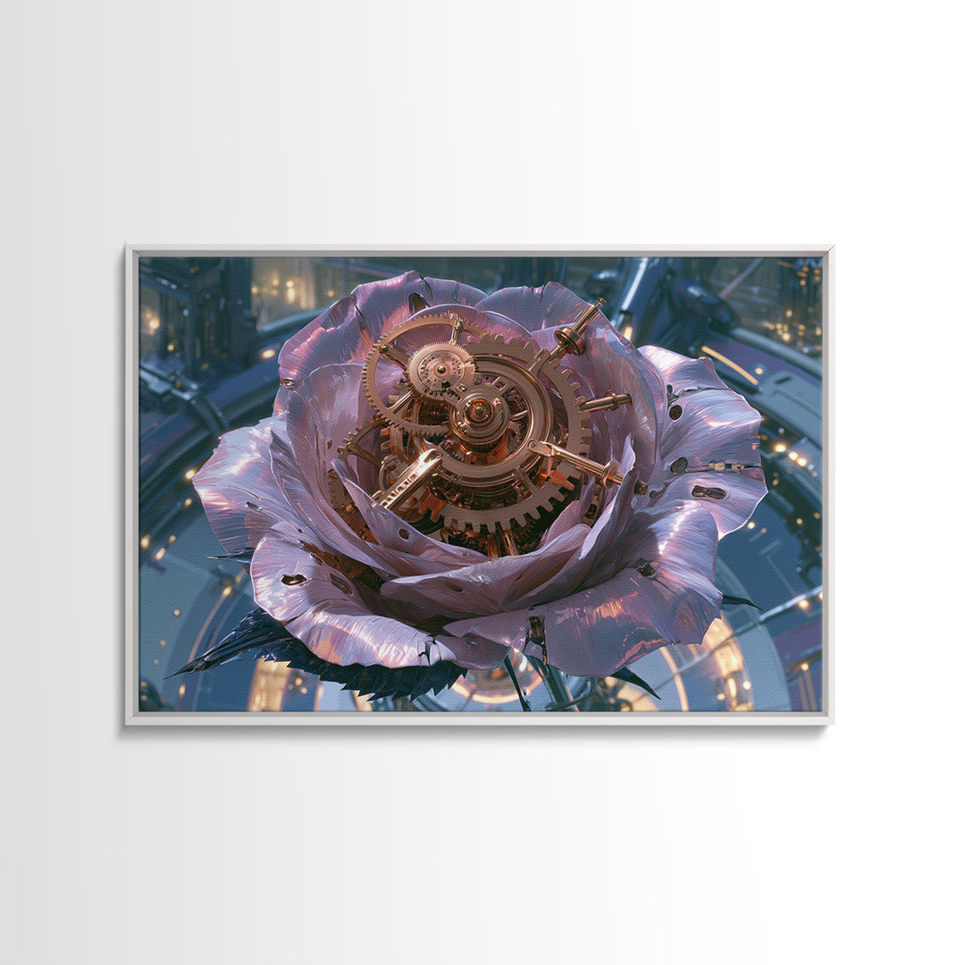 Mechanical Rose Made of Copper Gears Framed Canvas Print, Steampunk Art, Statement Artwork, Living Room Decor, Mechanic, STE-3x2-31