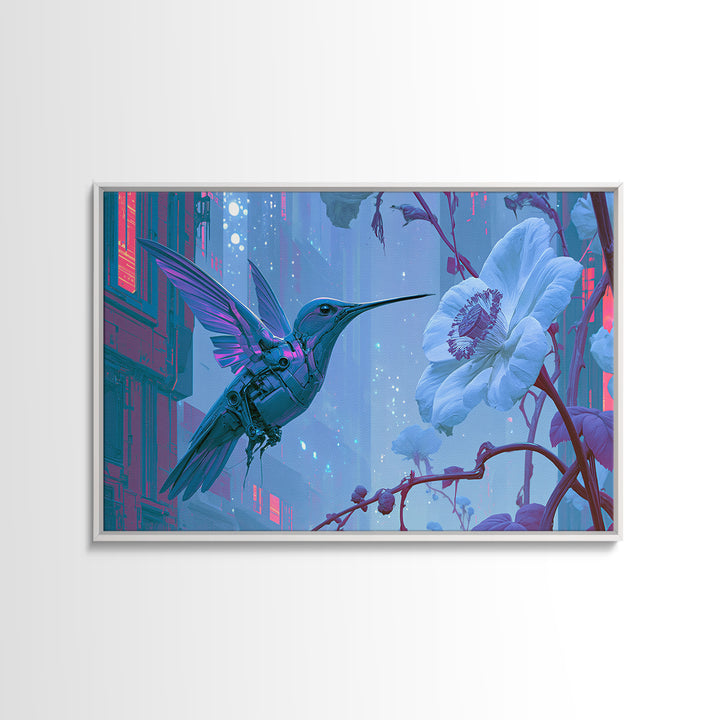 Mechanical Hummingbird Hovering Near Flower Canvas Print, Steampunk Art, Dark Art, Living Room Decor, Watercolor Art, Mechanic, STE-3x2-37