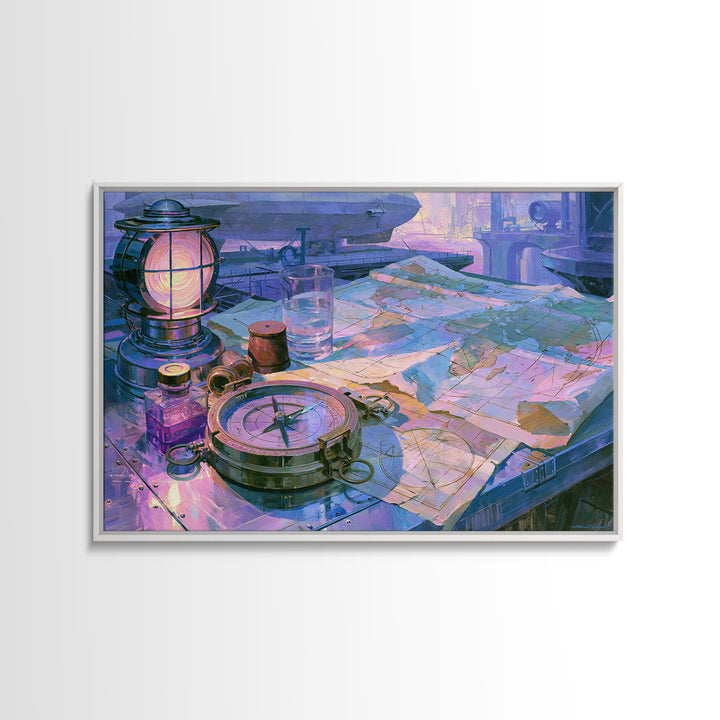 Airship Captain Map and Compass Still Life Canvas Print, Steampunk Art, Wall Art Living Room, Living Room Decor, Mechanic, STE-3x2-46