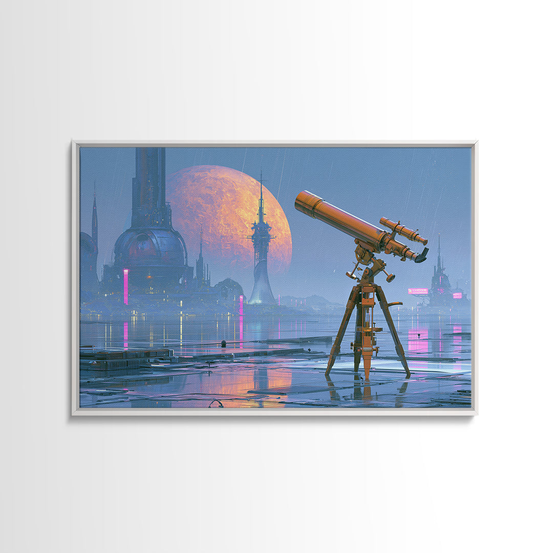 Brass Telescope Aimed at Copper Moon Canvas Print, Steampunk Art, Steampunk Lamp, Living Room Decor, Abstract Art, Mechanic, STE-3x2-52