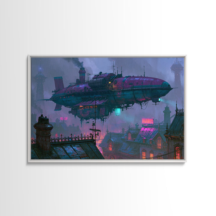 Airship Floating Above Victorian City Roofs Canvas Print, Steampunk Art, Modern Art, Living Room Decor, Fine Art, Mechanic, STE-3x2-54