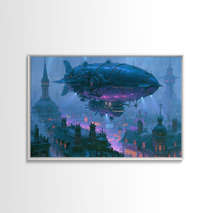 Airship Floating Above Victorian City Roofs Framed Canvas Print, Steampunk Art, Boho Wall Art, Living Room Decor, Mechanic, STE-3x2-6