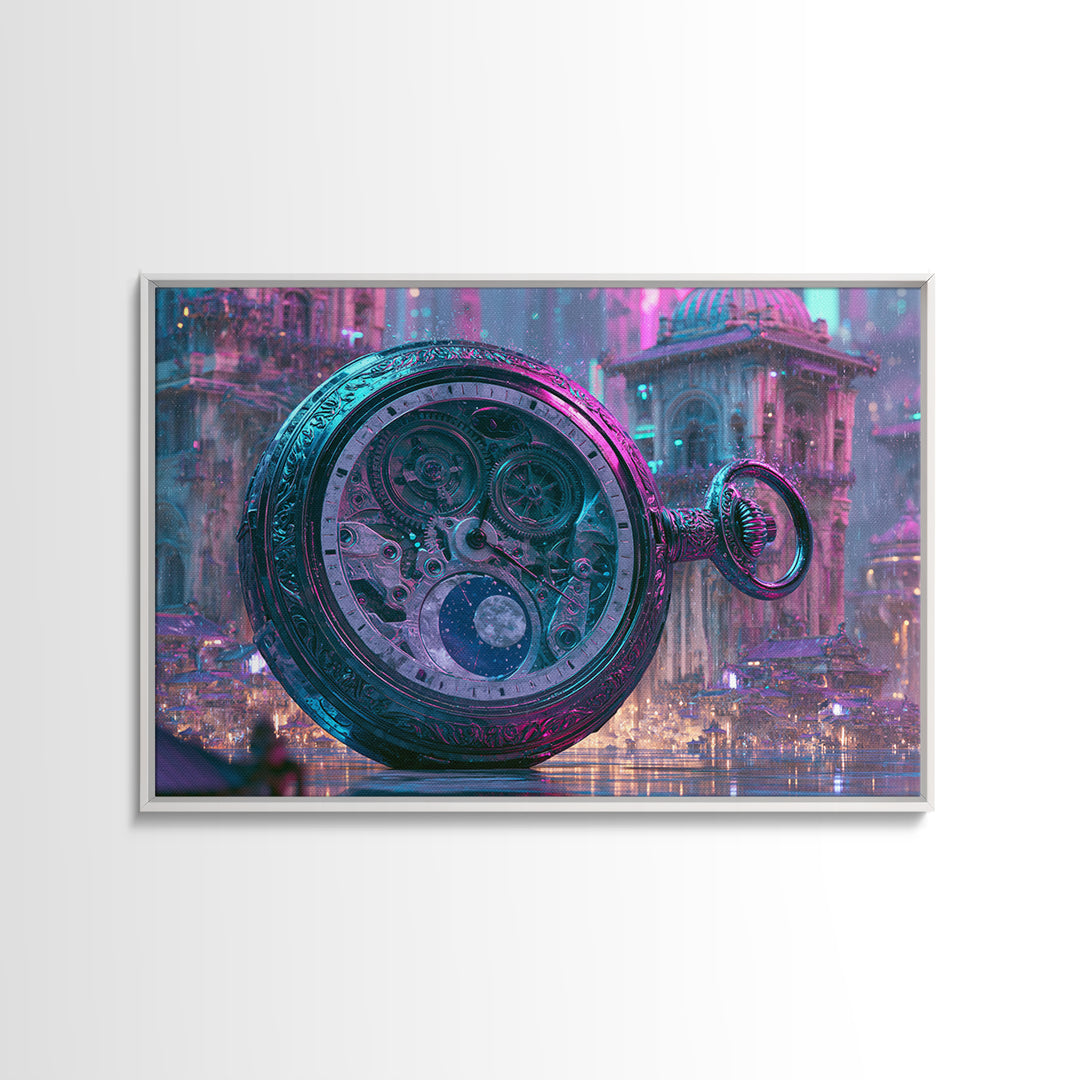 Gear Filled Pocket Watch Framed Canvas Print, Steampunk Art, Textured Painting, Living Room Decor, Fine Art, Mechanic, STE-3x2-60