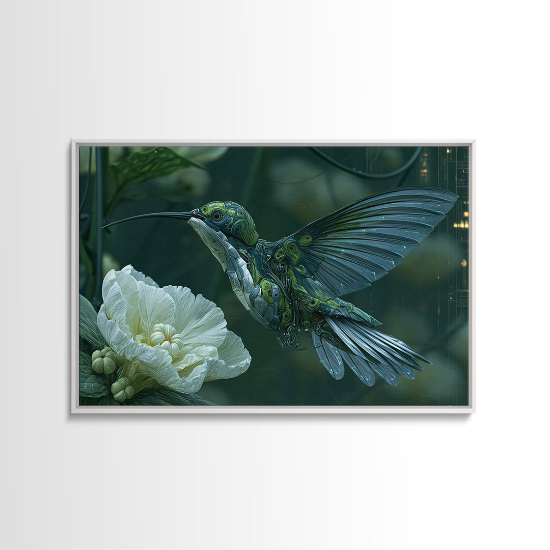 Mechanical Hummingbird Hovering Near Flower Canvas Print, Steampunk Art, Dark Art, Living Room Decor, Watercolor Art, Mechanic, STE-3x2-61