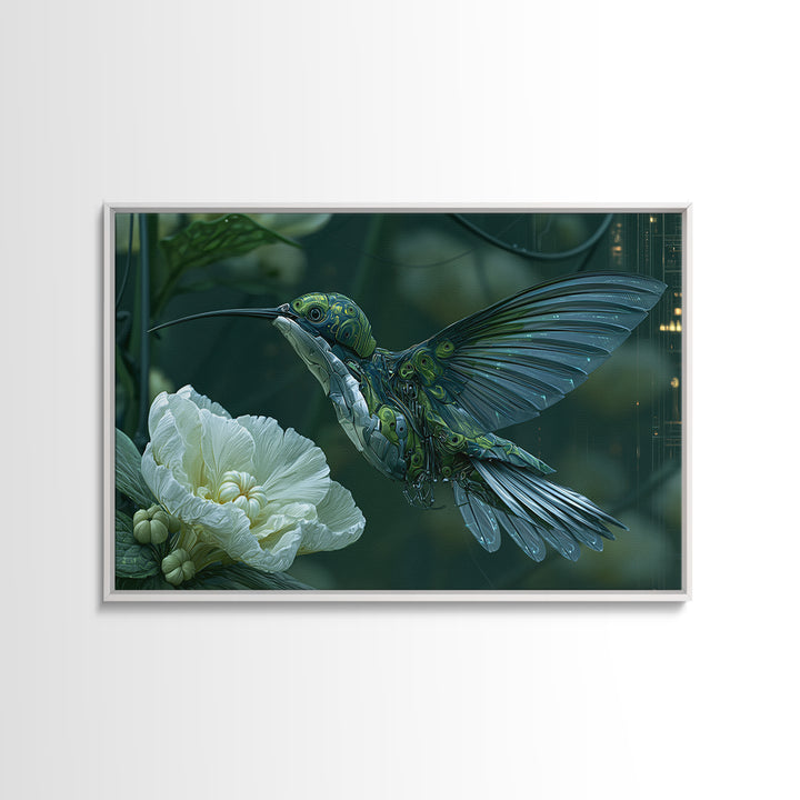 Mechanical Hummingbird Hovering Near Flower Canvas Print, Steampunk Art, Dark Art, Living Room Decor, Watercolor Art, Mechanic, STE-3x2-61