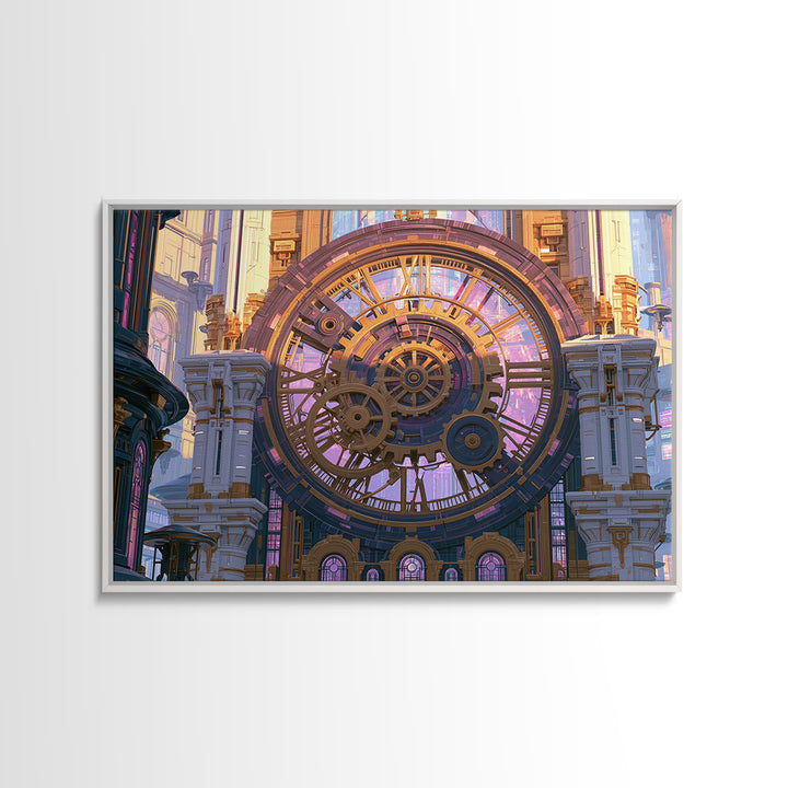 Clock Tower Gears Framed Canvas Print, Steampunk Art, Abstract Art Print, Living Room Decor, Watercolor Art, Mechanic, STE-3x2-65