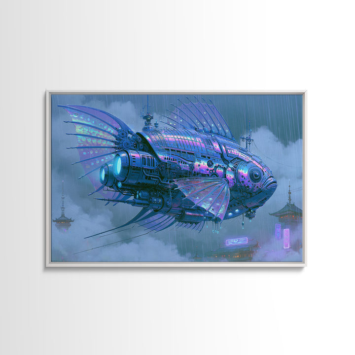 Mechanical Fish Swimming Through Clouds Framed Canvas Print, Steampunk Art, Cat Art, Living Room Decor, Oil Painting, Mechanic, STE-3x2-74