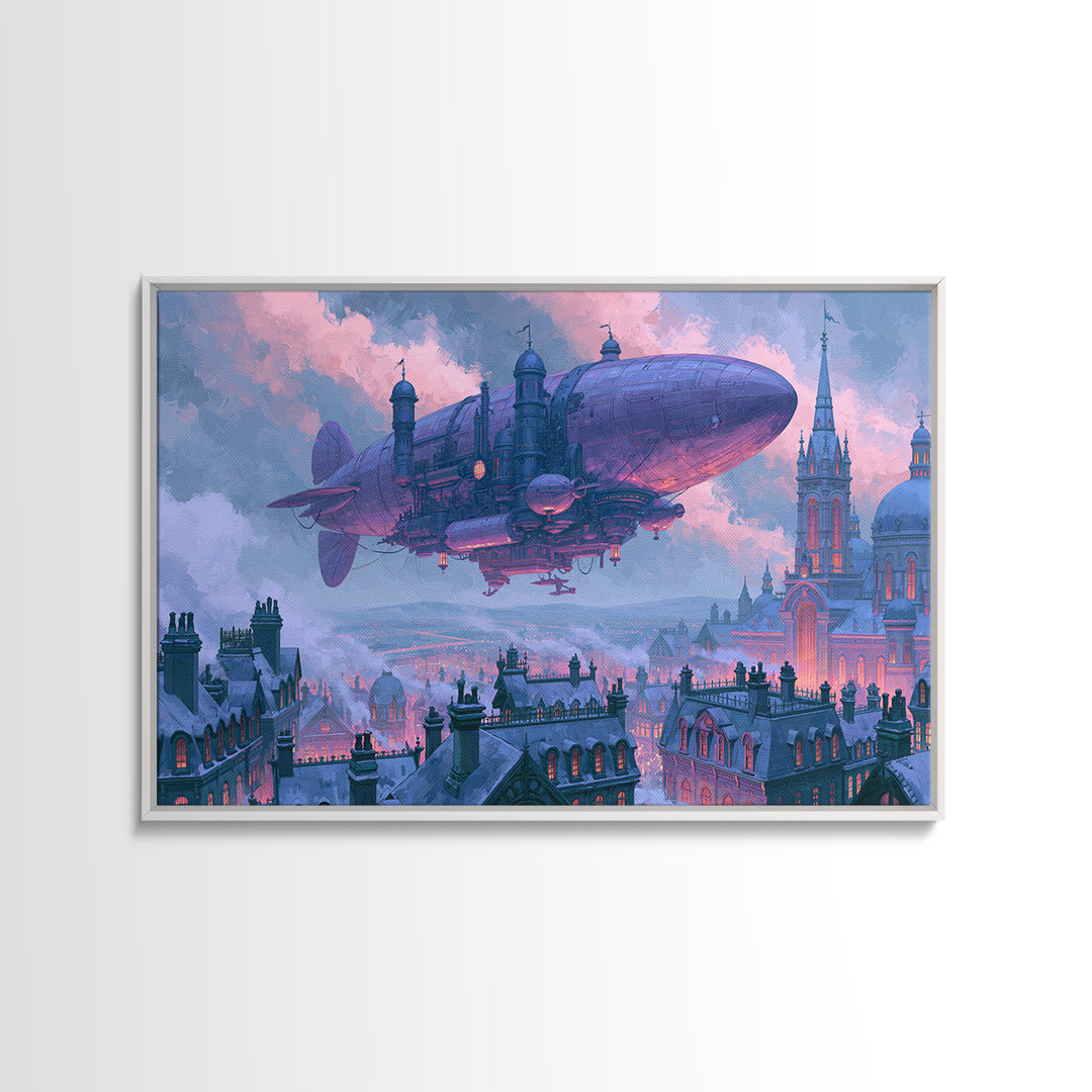 Airship Floating Above Victorian City Roofs Framed Canvas Print, Steampunk Art, Man Cave Decor, Living Room Decor, Mechanic, STE-3x2-78