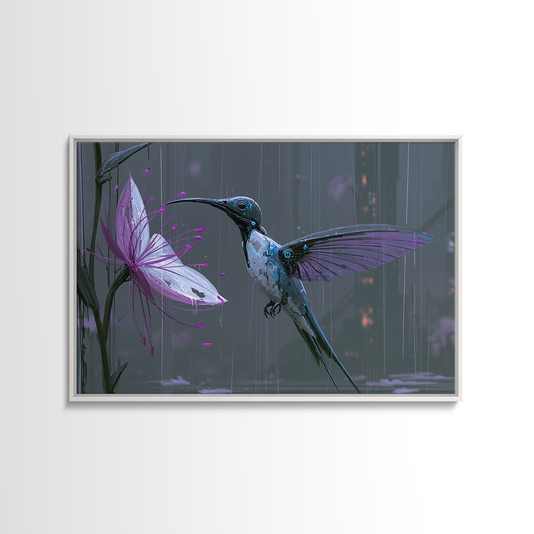 Mechanical Hummingbird Hovering Near Flower Framed Canvas Print, Steampunk Art, Statement Artwork, Living Room Decor, Mechanic, STE-3x2-85