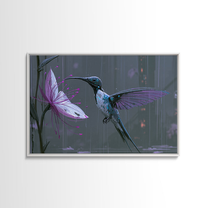 Mechanical Hummingbird Hovering Near Flower Framed Canvas Print, Steampunk Art, Statement Artwork, Living Room Decor, Mechanic, STE-3x2-85