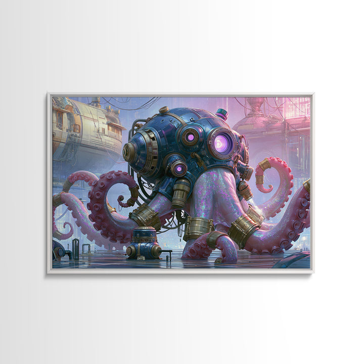Steampunk Octopus with Brass Tentacles Framed Canvas Print, Steampunk Art, Modern Art, Living Room Decor, Fine Art, Mechanic, STE-3x2-9
