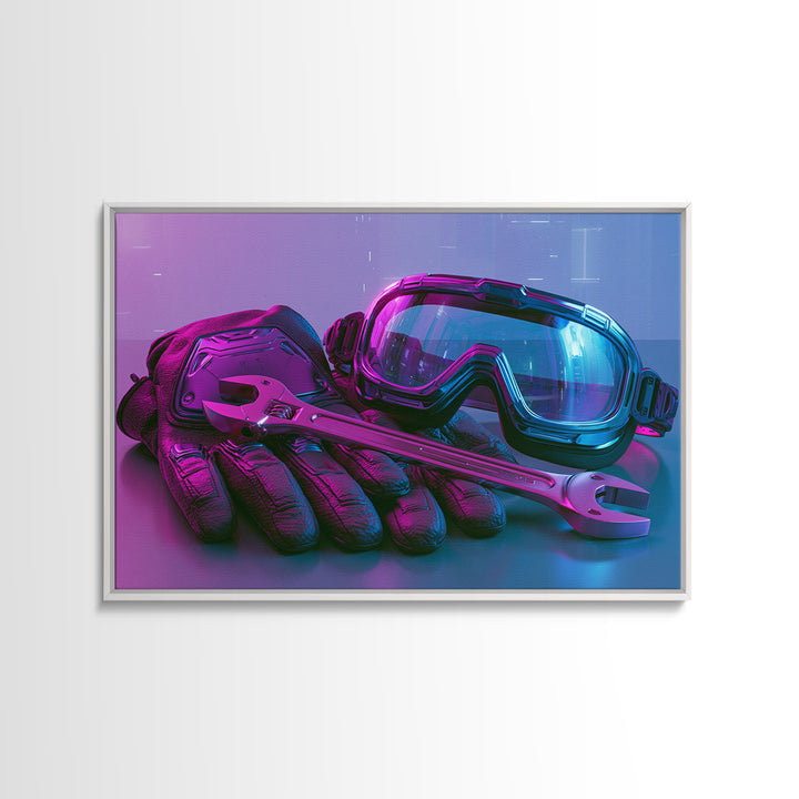 Goggles Gloves and Wrench Still Life Framed Canvas Print, Steampunk Art, Abstract Art, Living Room Decor, Fine Art, Mechanic, STE-3x2-99