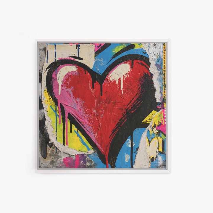 Neon Heart with Rough Drips Framed Canvas Print, Street Art, Abstract Art, Living Room Decor, Fine Art, Urban, Anime Art, STR-1x1-11