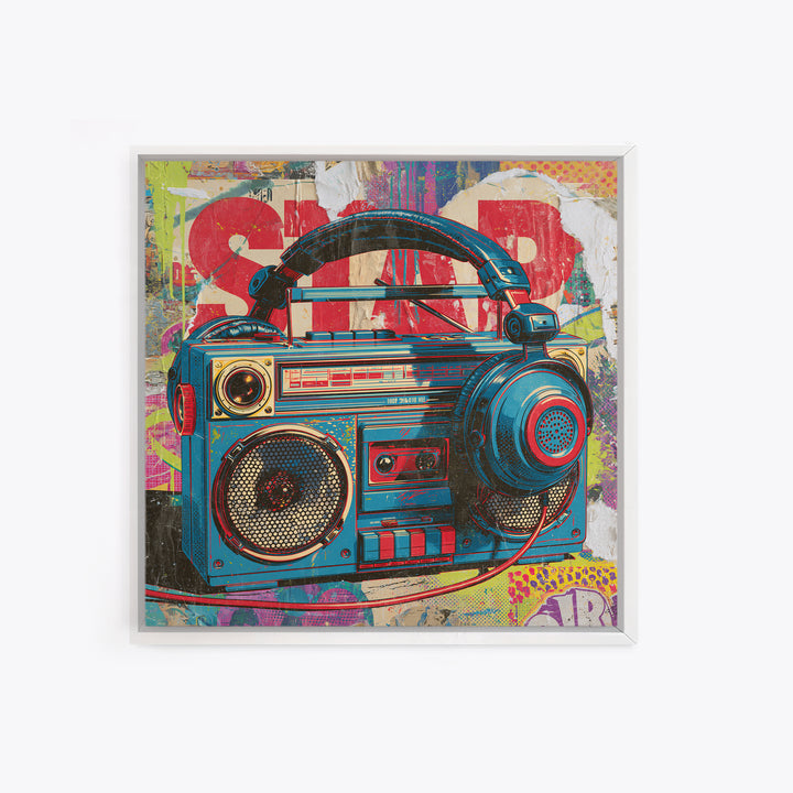 Boombox and Headphones Framed Canvas Print, Street Art, Textured Painting, Living Room Decor, Abstract Art, Urban, STR-1x1-33