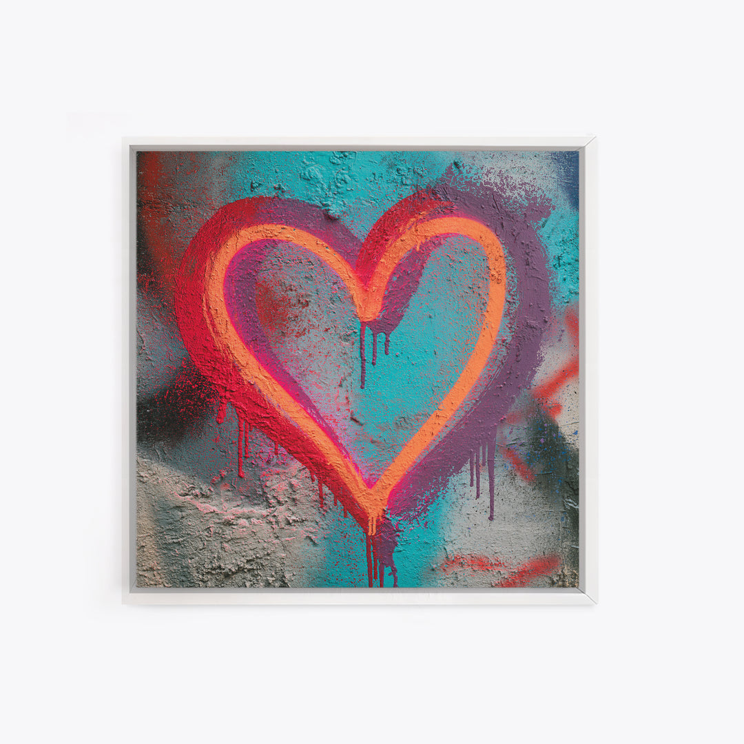 Neon Heart with Rough Drips Canvas Print, Street Art, Modern Art, Living Room Decor, Urban, Neutral Decor, Modern Decor, STR-1x1-35