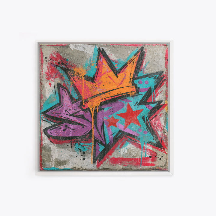 Drippy Crown and Stars Composition Framed Canvas Print, Street Art, Artwork, Living Room Decor, Fine Art, Urban, Pop Art, STR-1x1-44