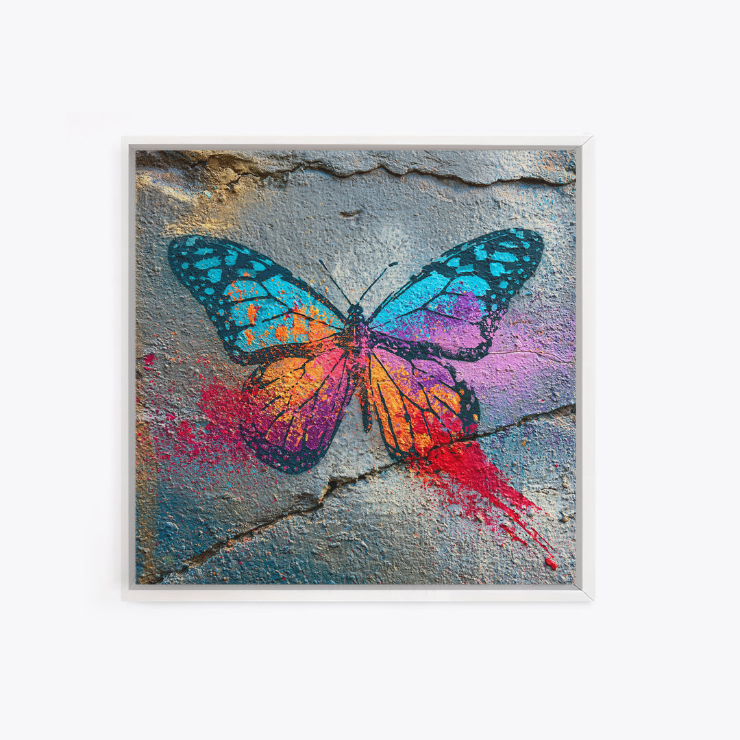 Spray Painted Butterfly on Cracked Concrete Framed Canvas Print, Street Art, Modern Wall Art, Living Room Decor, Urban, STR-1x1-47