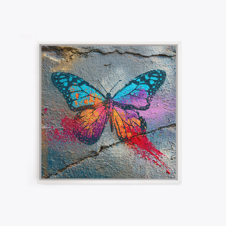 Spray Painted Butterfly on Cracked Concrete Framed Canvas Print, Street Art, Modern Wall Art, Living Room Decor, Urban, STR-1x1-47