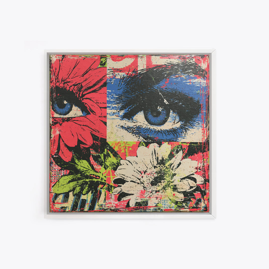 Paste Up Collage of Flowers and Eyes Framed Canvas Print, Street Art, Graffiti Art, Living Room Decor, Fine Art, Urban, STR-1x1-58