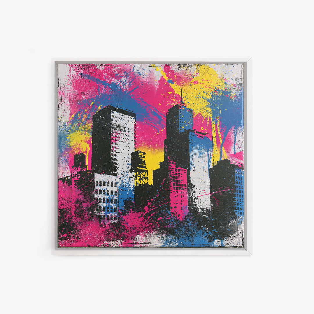 Urban Skyline Made from Stencil Layers Framed Canvas Print, Street Art, Gallery Decor, Living Room Decor, Fine Art, Urban, STR-1x1-62