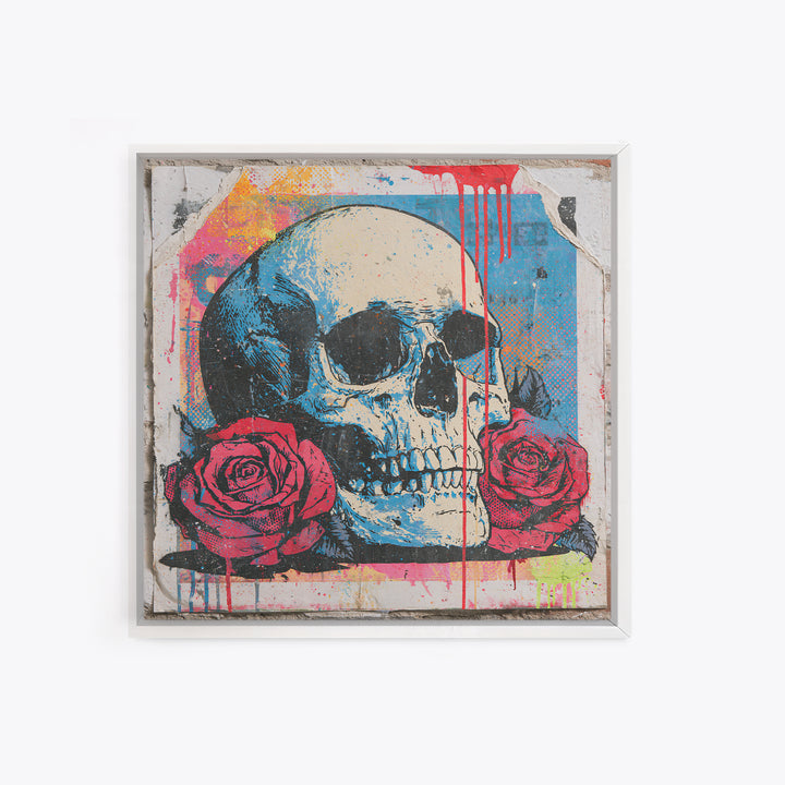 Skull with Roses in Street Mural Style Framed Canvas Print, Street Art, Abstract Painting, Living Room Decor, Fine Art, Urban, STR-1x1-64