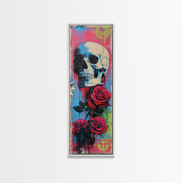 Skull with Roses in Street Mural Style Framed Canvas Print, Street Art, Large Wall Art, Living Room Decor, Fine Art, Urban, STR-1x3-52