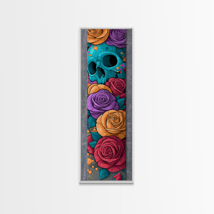 Skull with Roses in Street Mural Style Framed Canvas Print, Street Art, Bar Art, Living Room Decor, Oil Painting, Urban, STR-1x3-76