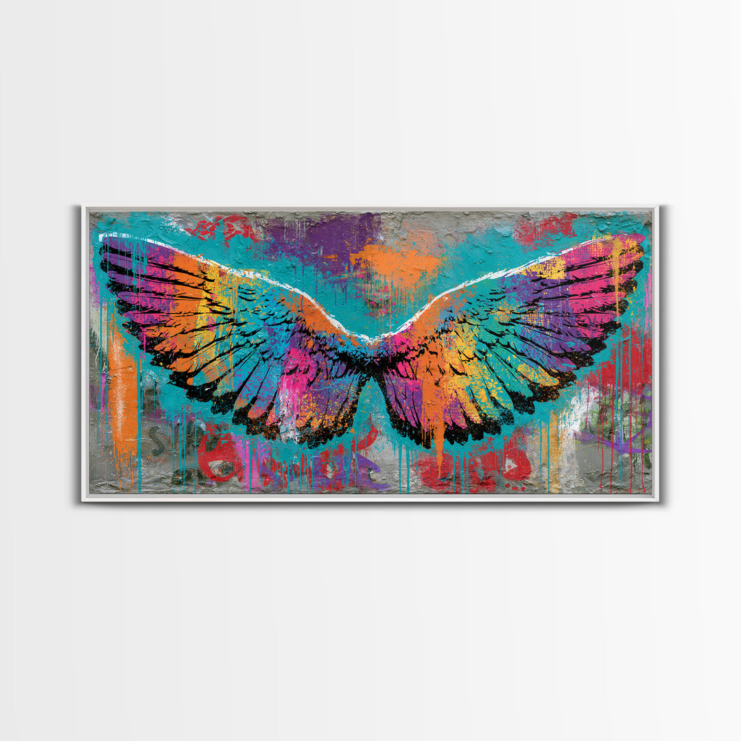 Graffiti Angel Wings Framed Canvas Print, Street Art, Canvas, Living Room Decor, Fine Art, Urban, Colorful Wall Art, Bar Art, STR-2x1-1