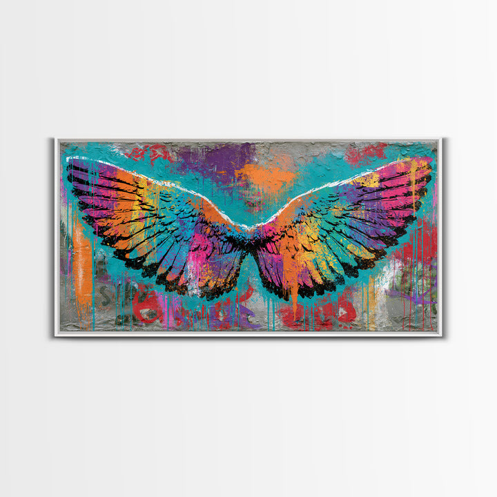 Graffiti Angel Wings Framed Canvas Print, Street Art, Canvas, Living Room Decor, Fine Art, Urban, Colorful Wall Art, Bar Art, STR-2x1-1