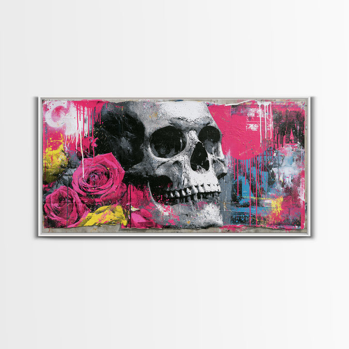 Skull with Roses in Street Mural Style Framed Canvas Print, Street Art, Art Print, Living Room Decor, Fine Art, Urban, STR-2x1-12
