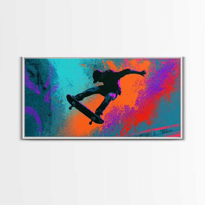 Skateboarder Silhouette over Neon Splashes Framed Canvas Print, Street Art, Living Room Decor, Watercolor Art, Urban, STR-2x1-23