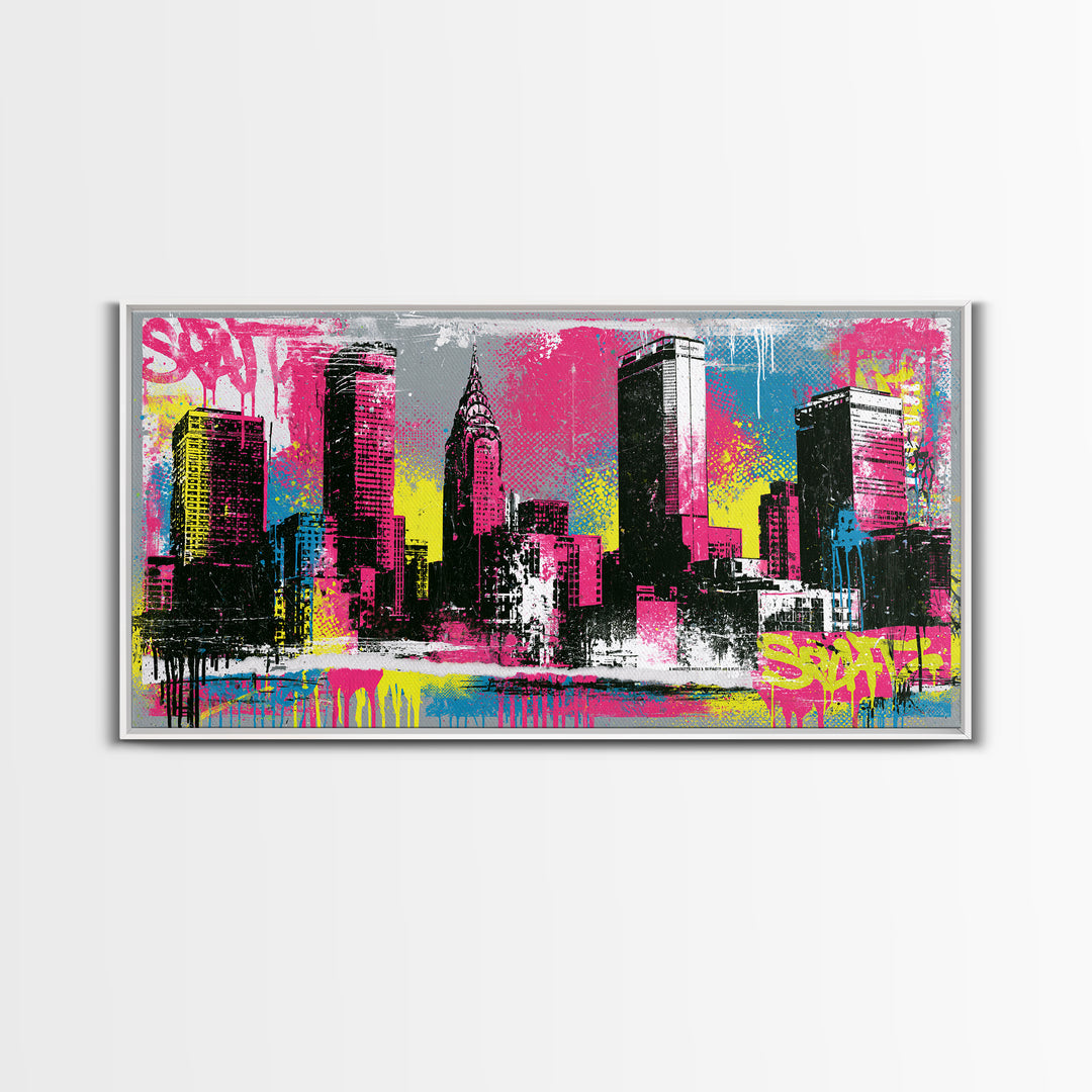 Urban Skyline Made from Stencil Layers Framed Canvas Print, Street Art, Minimalist Decor, Living Room Decor, Abstract Art, STR-2x1-34