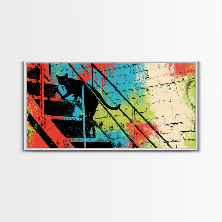 Black Cat on Fire Escape Silhouette Canvas Print, Street Art, Wall Hangings, Living Room Decor, Oil Painting, Urban, Modern Art, STR-2x1-39