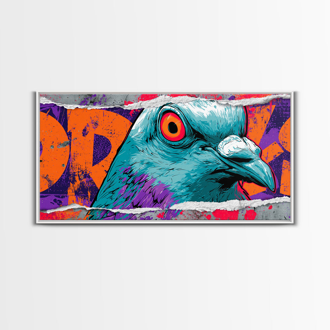 City Pigeon with Attitude and Comic Charm Framed Canvas Print, Street Art, Watercolor Painting, Living Room Decor, STR-2x1-51