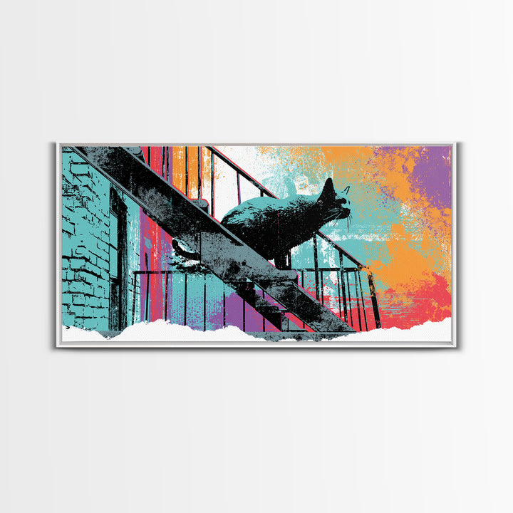 Black Cat on Fire Escape Silhouette Canvas Print, Street Art, Abstract Painting, Living Room Decor, Urban, Gallery Decor, STR-2x1-63