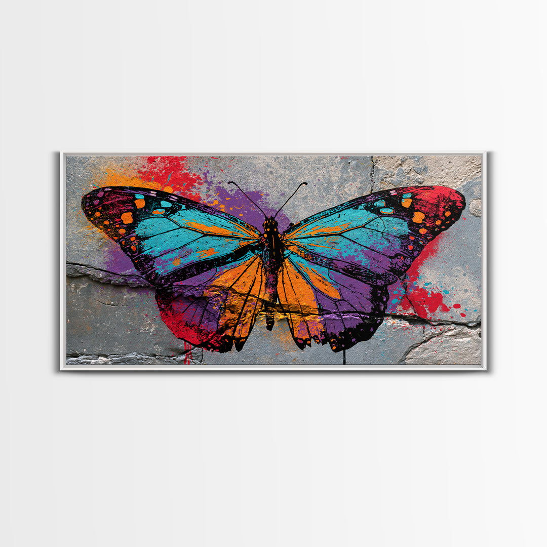 Spray Painted Butterfly on Cracked Concrete Framed Canvas Print, Street Art, Artwork, Living Room Decor, Fine Art, Urban, STR-2x1-91