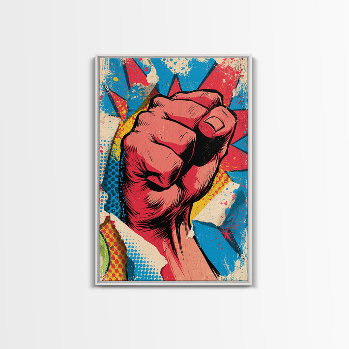 Comic Fist Breaking Through Color Framed Canvas Print, Street Art, Wall Hangings, Living Room Decor, Oil Painting, Urban, STR-2x3-21