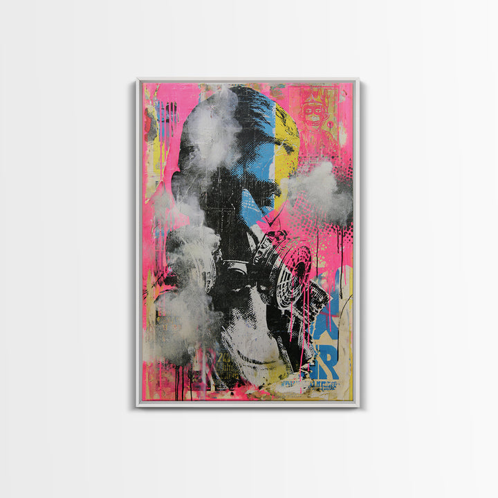 Masked Figure Surrounded by Aerosol Clouds Framed Canvas Print, Street Art, Luxury Decor, Living Room Decor, Fine Art, Urban, STR-2x3-44