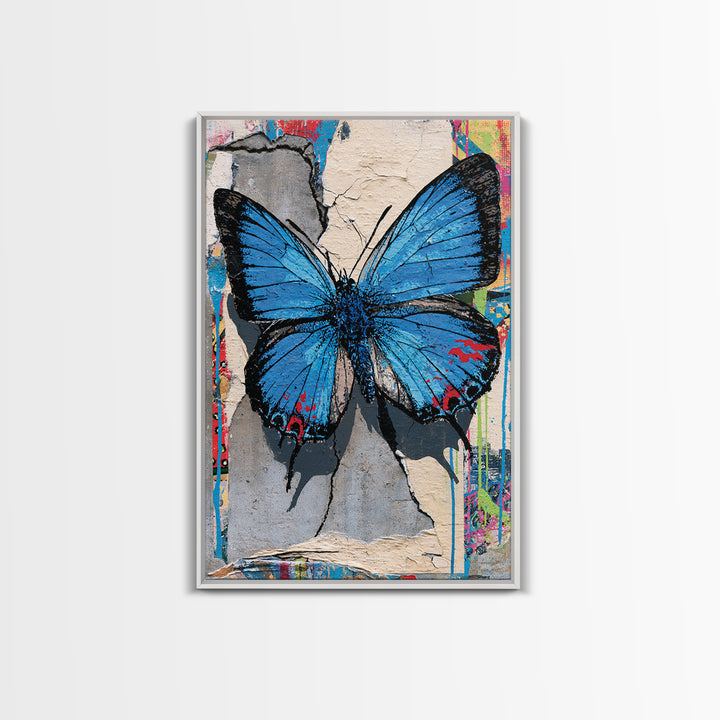 Spray Painted Butterfly on Cracked Concrete Framed Canvas Print, Street Art, Canvas, Living Room Decor, Fine Art, Urban, STR-2x3-55
